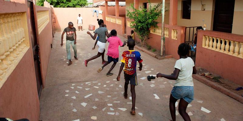 Blind children playing football