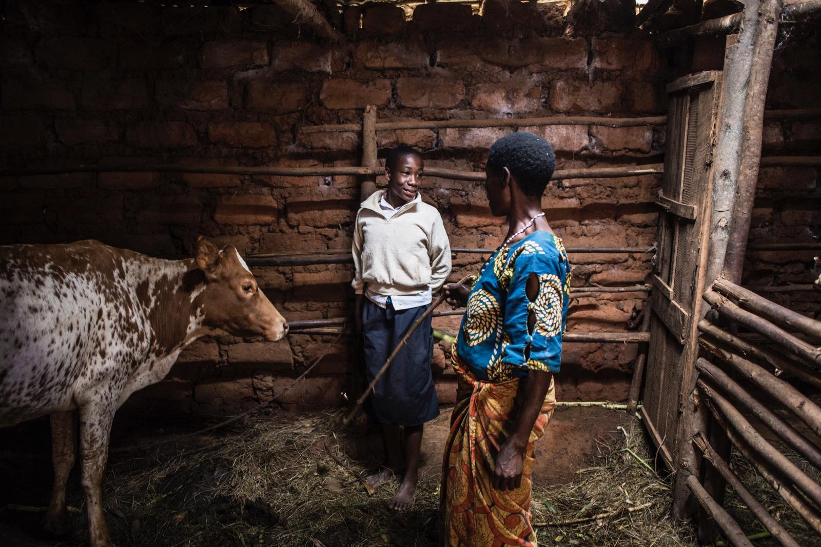 Two children in front of a cow.